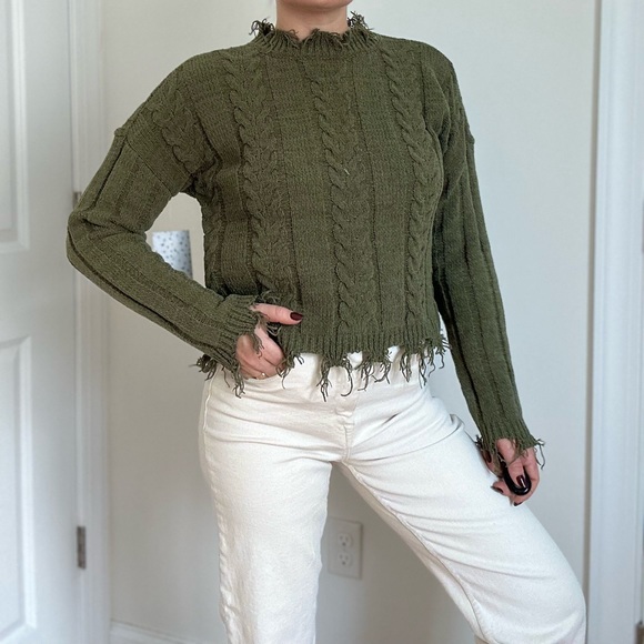 Distressed Cable Knit Chenille Pullover - Picture 1 of 9